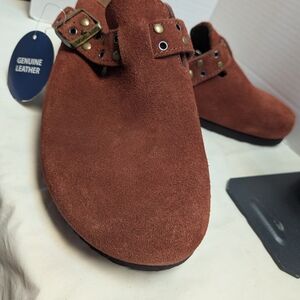 White Mountain Rust Suede Slip-On Mules with Studded Strap